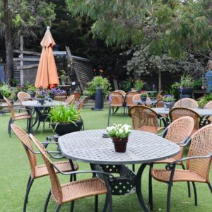 grey and brown outdoor party tables